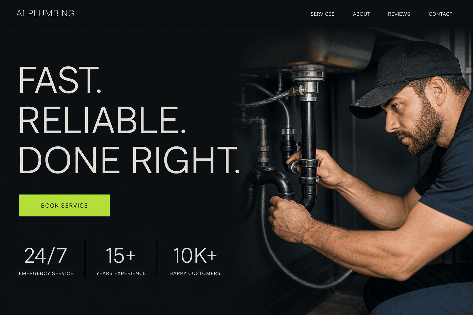 LeadAI Mockup: the same plumbing company redesigned as a dark, spacious modern homepage