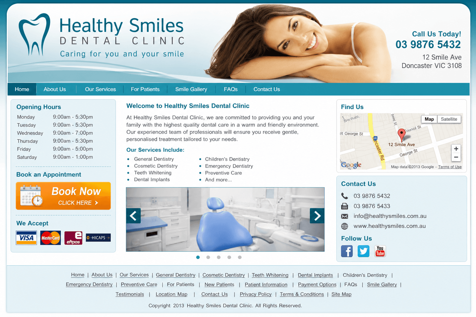 The current homepage of Healthy Smiles Dental Clinic: a cluttered 2013 teal template