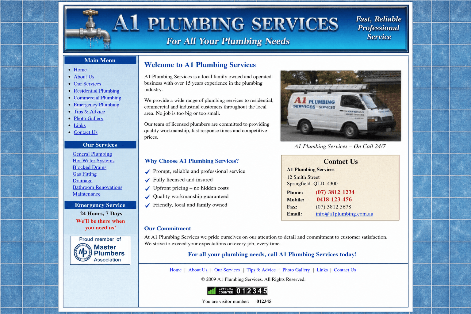 The current homepage of A1 Plumbing Services: a cramped 2009 template on a tiled blue background